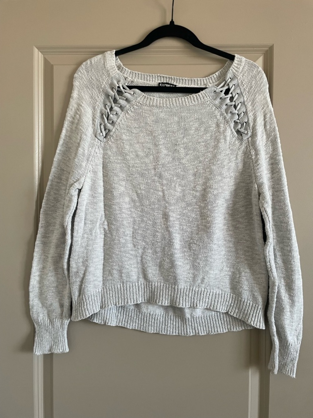 Express Light Gray Lace-Up Shoulder Crewneck Sweater